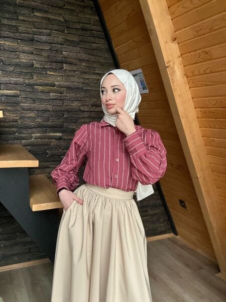 Düğme Detaylı Çizgili Gömlek bordo - xl