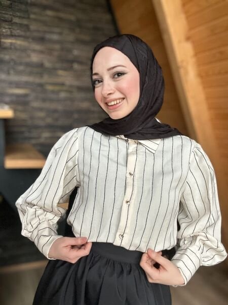 Düğme Detaylı Çizgili Gömlek siyah - xl