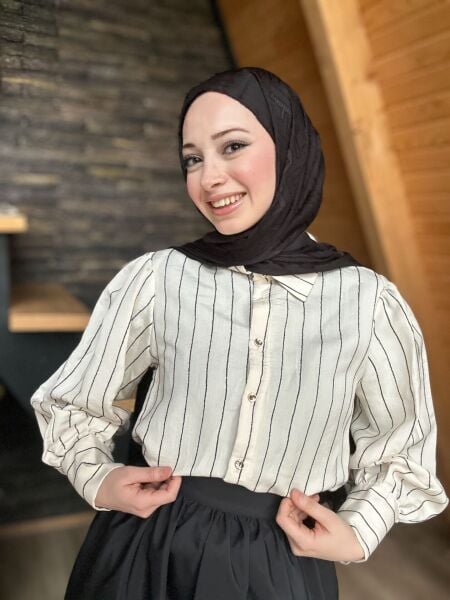 Düğme Detaylı Çizgili Gömlek siyah - xl