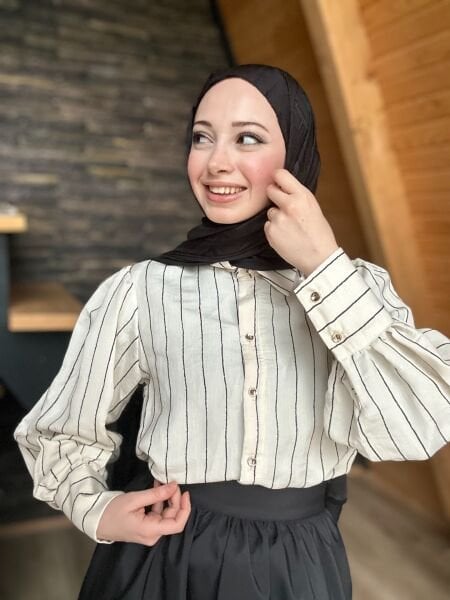 Düğme Detaylı Çizgili Gömlek siyah - xl