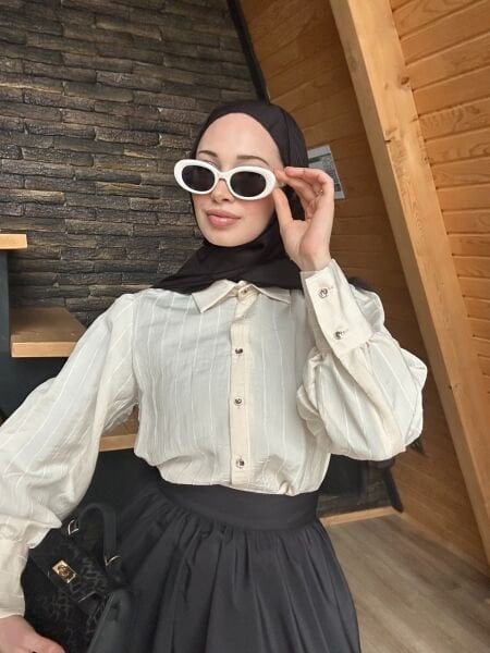 Düğme Detaylı Çizgili Gömlek ekru - xl