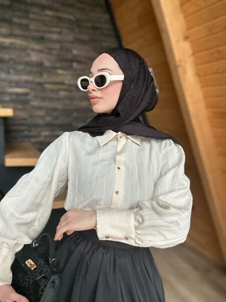 Düğme Detaylı Çizgili Gömlek ekru - xl