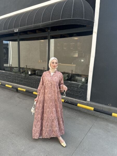 Etnik Desen Elbise pudra - 1