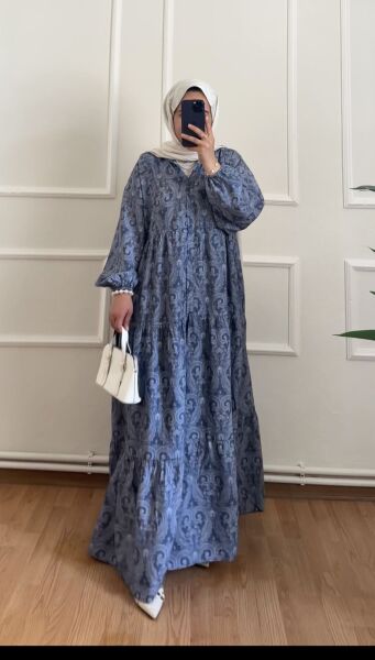 Etnik Desen Elbise lacivert - 2