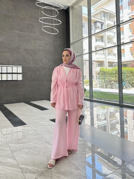 Işıltılı Bağlamalı Taşlı Takım şeker pembe - s-m