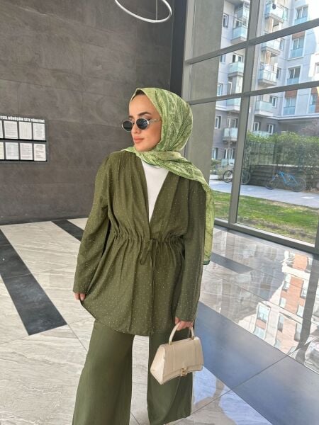 Işıltılı Bağlamalı Taşlı Takım haki - s-m