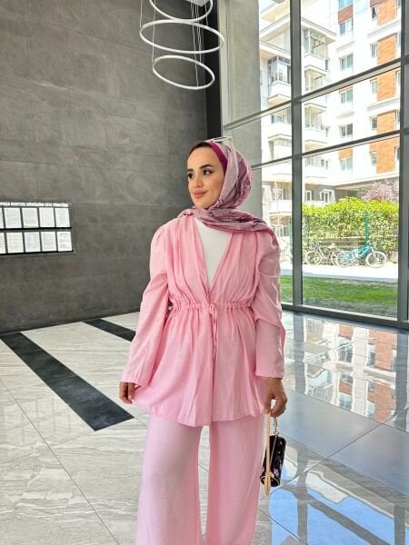 Işıltılı Bağlamalı Taşlı Takım şeker pembe - l-xl