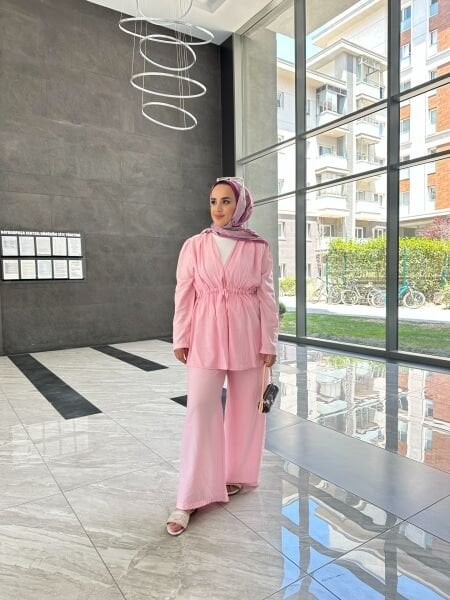 Işıltılı Bağlamalı Taşlı Takım şeker pembe - l-xl