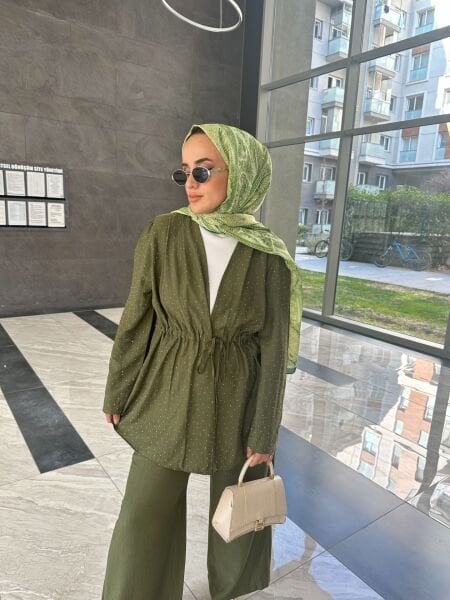 Işıltılı Bağlamalı Taşlı Takım haki - l-xl