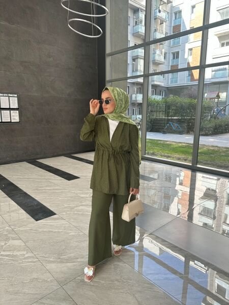 Işıltılı Bağlamalı Taşlı Takım haki - l-xl