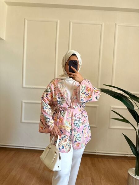Etnik Desen Keten Kimono şeker pembe - 1