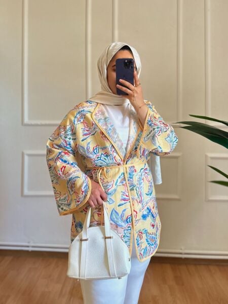 Etnik Desen Keten Kimono sarı - 1