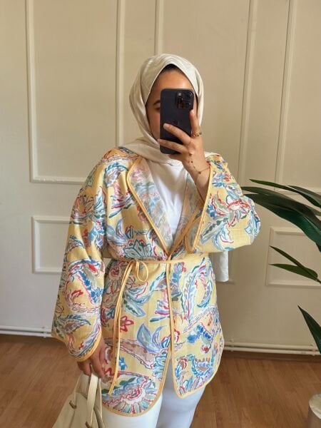 Etnik Desen Keten Kimono sarı - 1