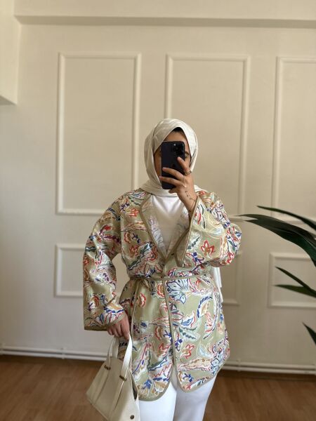 Etnik Desen Keten Kimono mint yeşili - 1