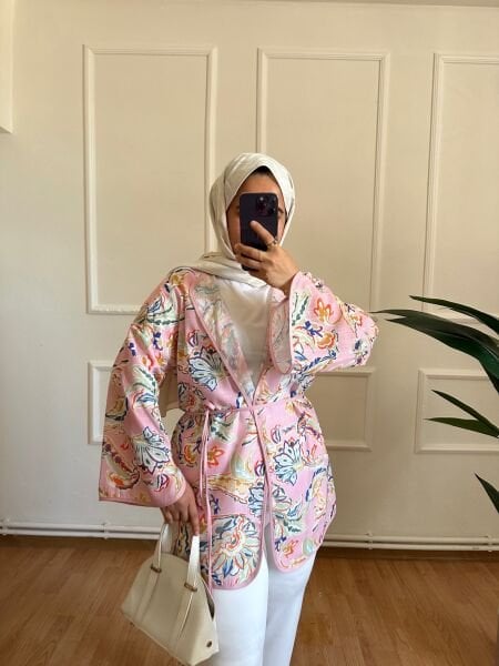 Etnik Desen Keten Kimono şeker pembe - 2