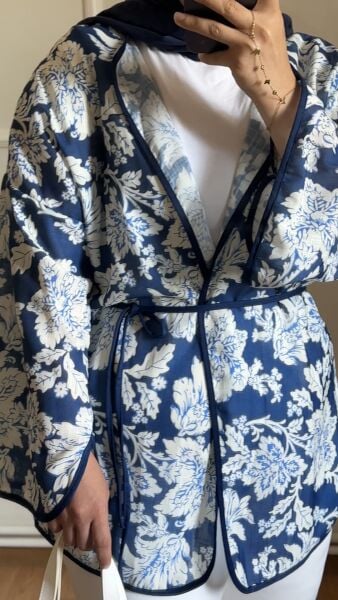 Çiçek Detaylı Keten Kimono 1 - lacivert