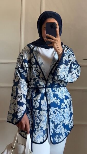 Çiçek Detaylı Keten Kimono 1 - lacivert