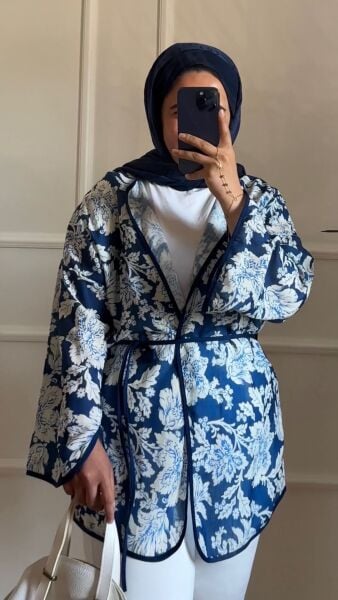 Çiçek Detaylı Keten Kimono 1 - lacivert