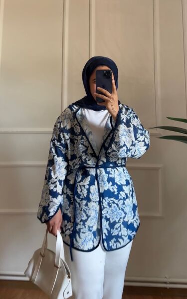 Çiçek Detaylı Keten Kimono 2 - lacivert
