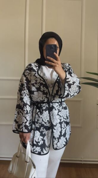 Çiçek Detaylı Keten Kimono 1 - siyah