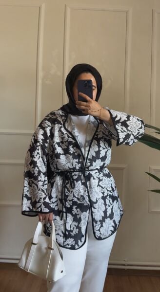 Çiçek Detaylı Keten Kimono 2 - siyah