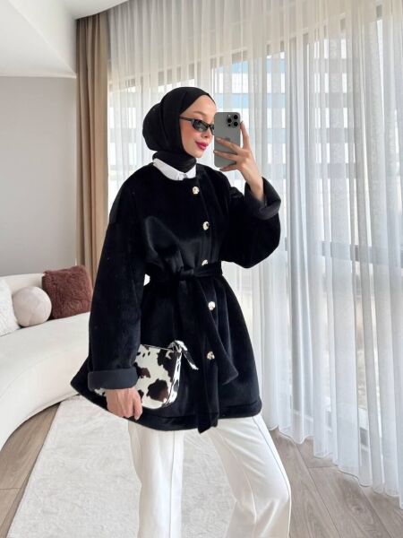 Puff Bağlamalı Kap siyah - 1