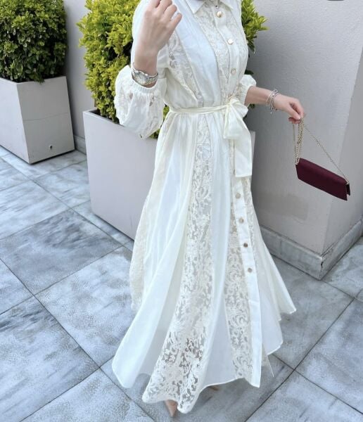 Mira Dantel Detaylı İthal Tasarım Elbise ekru - m