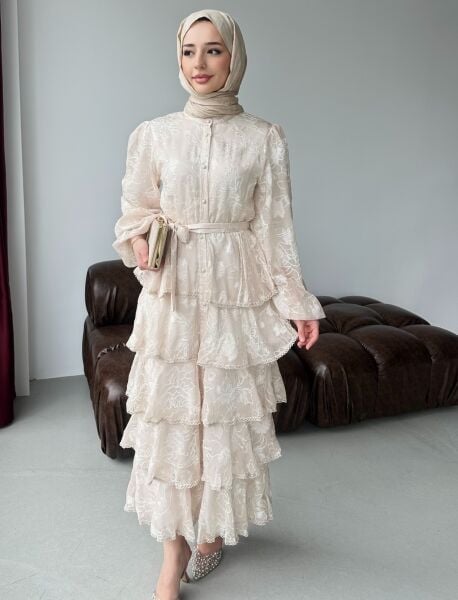 Arya İthal Kat Kat  Tasarım Elbise bej - 2