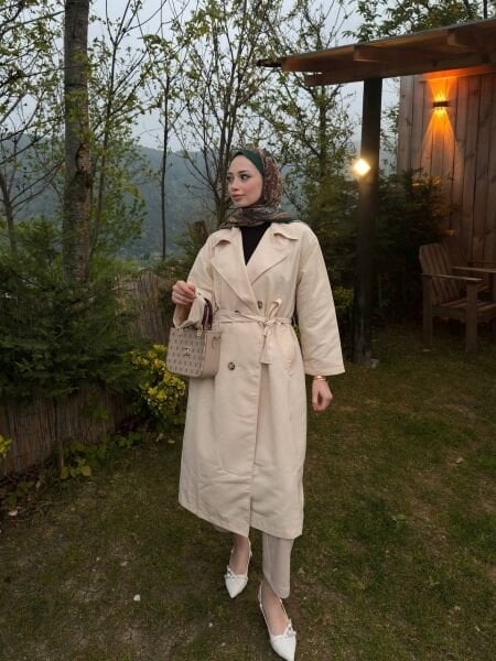 Bağlamalı Astarlı Trenç krem - 42-44