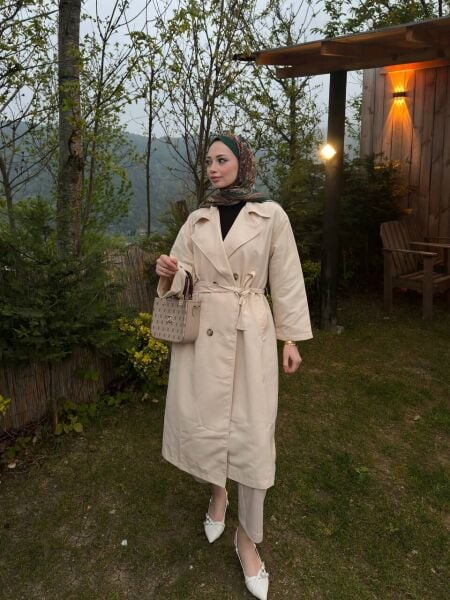 Bağlamalı Astarlı Trenç krem - 42-44