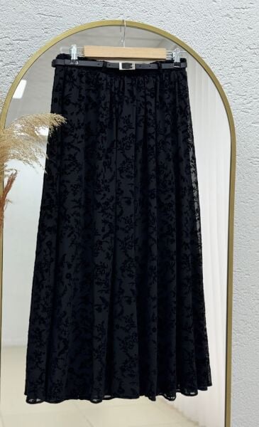 Flok Baskılı Astarlı Tül Etek 1 - siyah