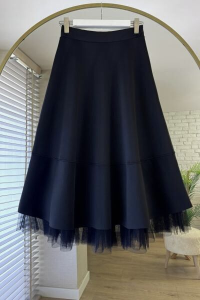 Tül Detaylı Lastikli Puff Scuba Etek l-xl - siyah