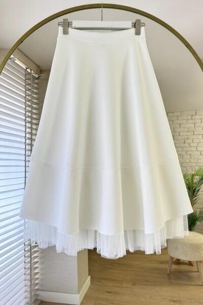 Tül Detaylı Lastikli Puff Scuba Etek s-m - beyaz