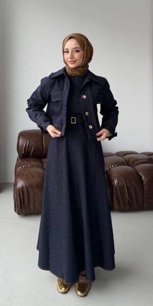 Kemer Detaylı Ceketli Jean Elbise lacivert - 38