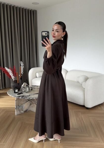 BELLA FULAR DETAYLI BAĞLAMALI ELBİSE kahve - 2(40-42)