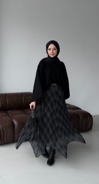 Ekose Detaylı Etek siyah - standart