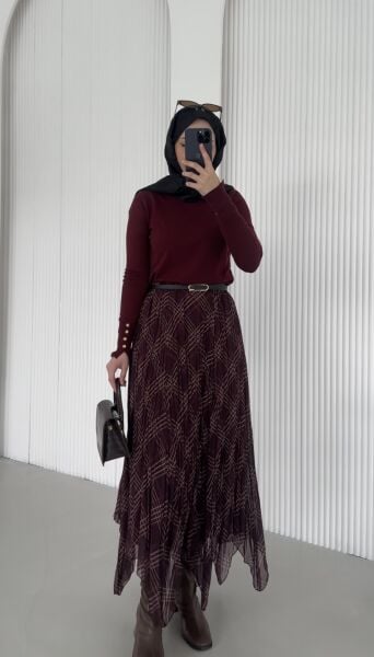 Ekose Detaylı Etek bordo - standart