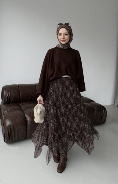 Ekose Detaylı Etek kahverengi - standart